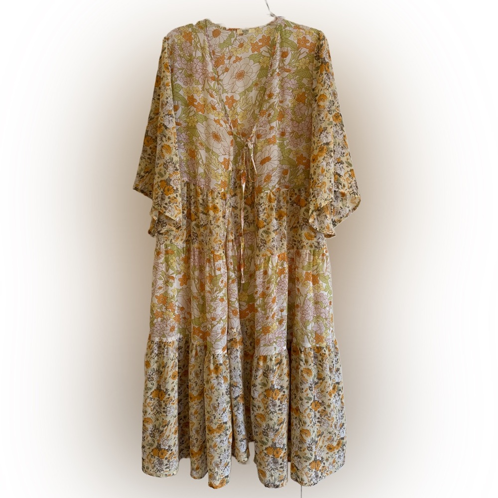 KORI AMERICA Duster Open Cardigan Yellow Floral Multicolor Womens Large